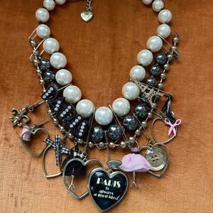 Betsey Johnson Rare Pearl and Black Paris Charm Necklace